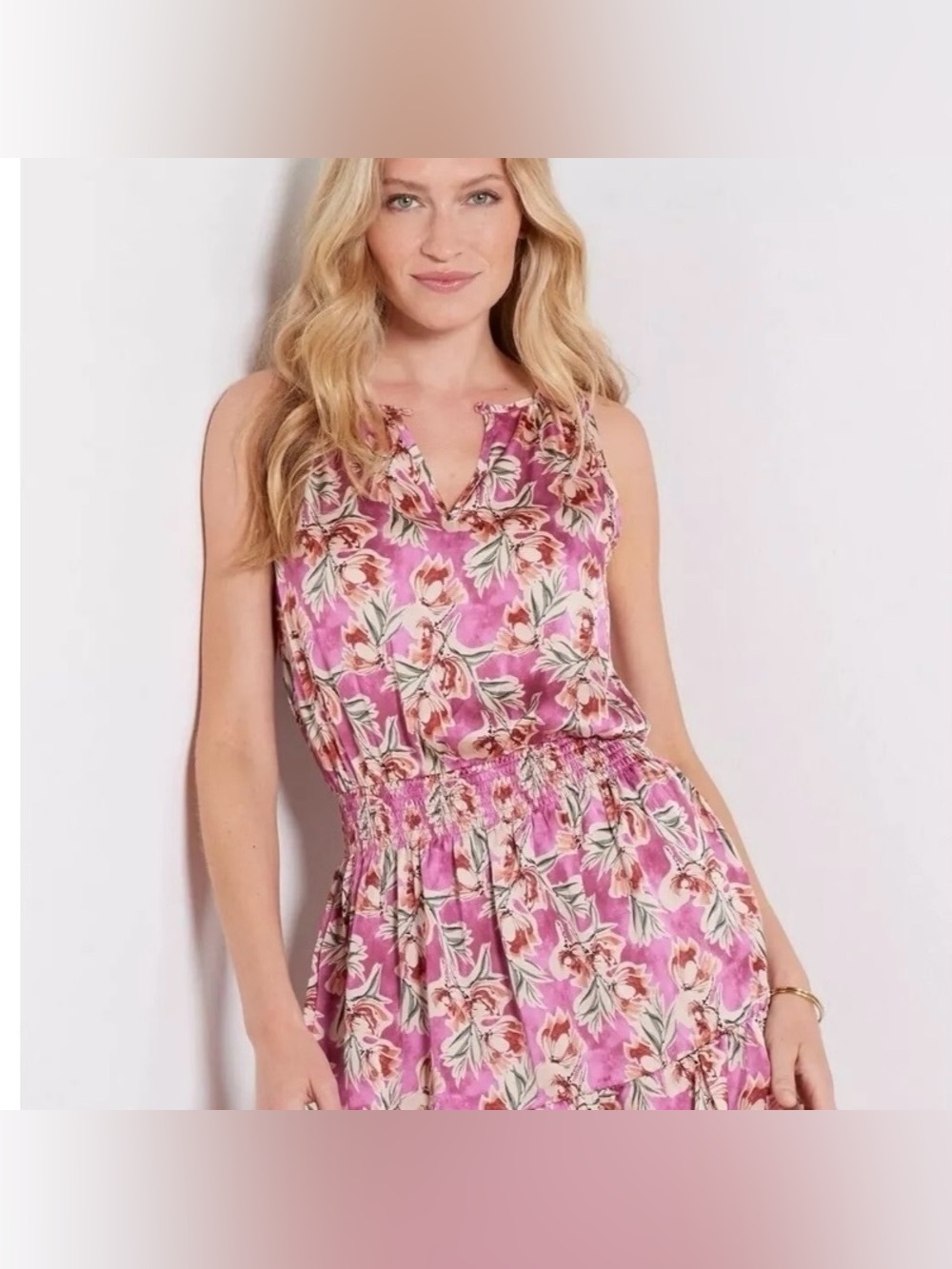 Evereve Satin Floral Smocked Waist Satin Dress, Size Small